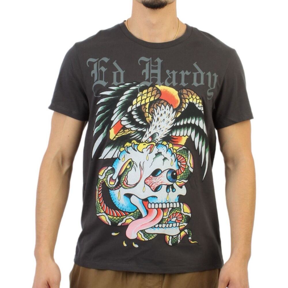 Ed Hardy T-Shirt Graphic Tattoo Black Eagle Skull Snake Y2K‎ Gray Men Sz Small